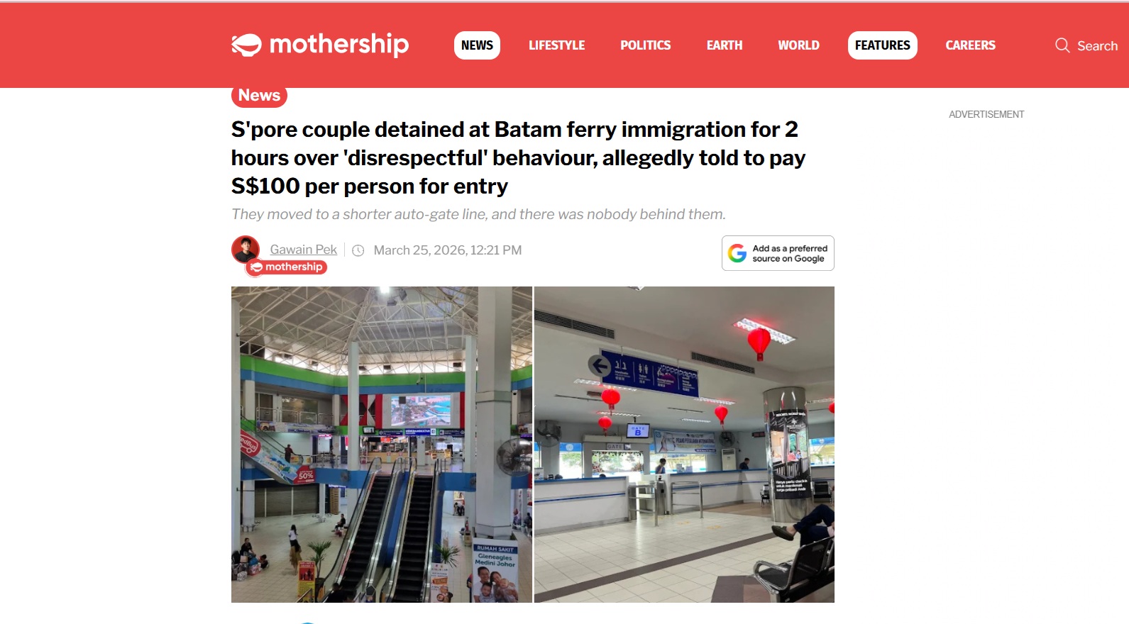 Media Singapura Mothership.sg yang membuat viral kasus pemerasan oknum Imigrasi Batam terhadap para wisatawan asing.