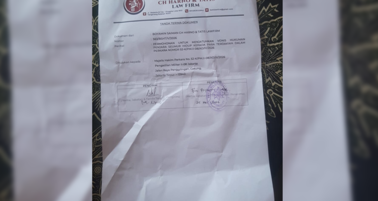 Surat Permohonan kepada Hakim Pengadilan Militer II-08 Jakarta, agar menerapkan vonis seumur hidup terhadap pelaku pembunuhan berencana.