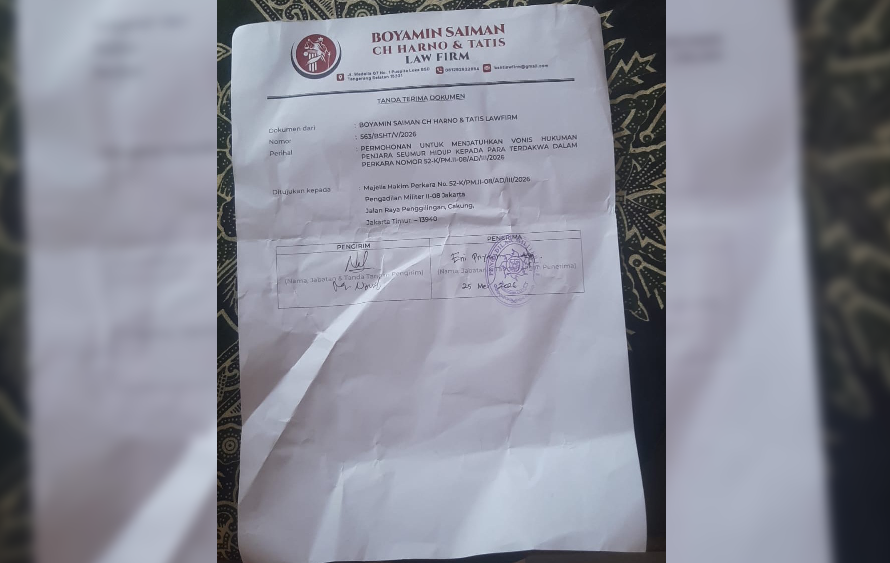 Surat Permohonan kepada Hakim Pengadilan Militer II-08 Jakarta, agar menerapkan vonis seumur hidup terhadap pelaku pembunuhan berencana.