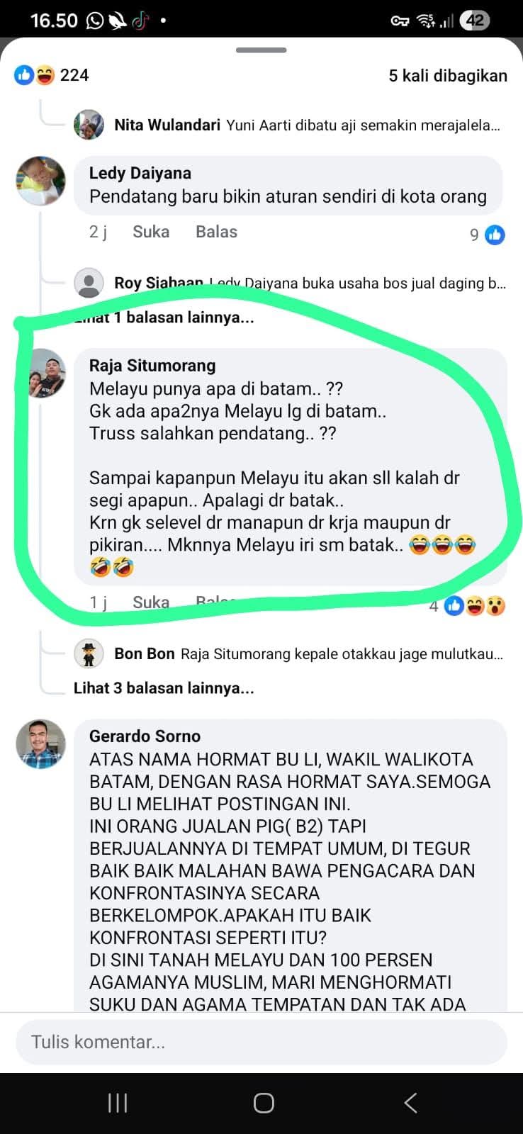 Komentar Raja Situmorang di FB yang dinilai menghina dan melecehkan marwah Melayu.