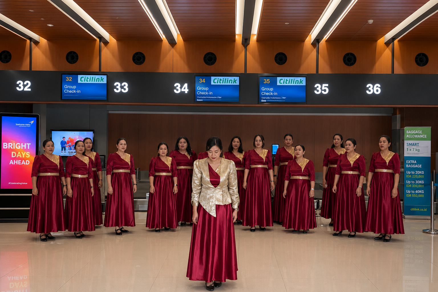Setelah ditelantarkan di bandara Soekarno Hatta dan gagal ke Manokwari, Paduan Suara Wanita Pesparawi asal Kepri bernyanyi di ruang tunggu bandara, pada Jumat, 26/6/2026. 