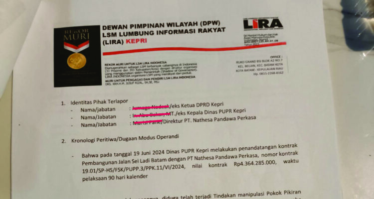 Pengaduan dugaan korupsi yang disampaikan Yusril Koto ke Polda Kepri.