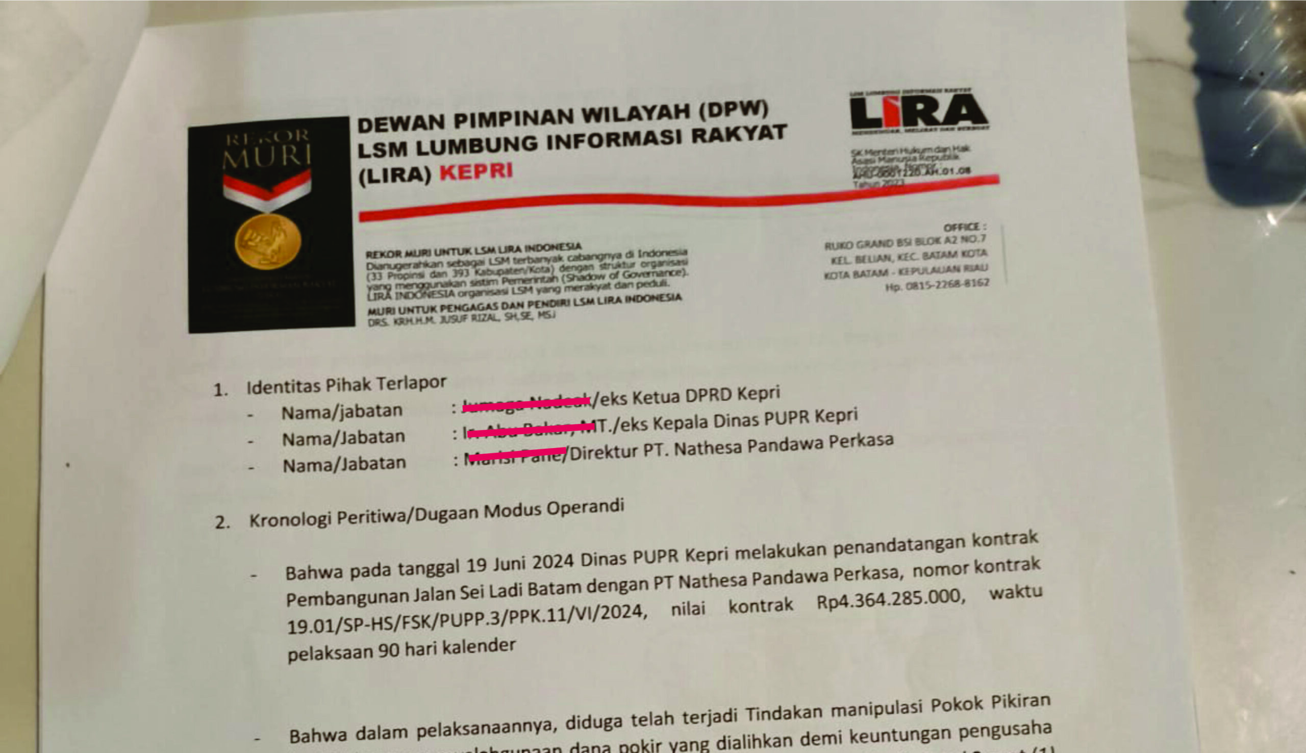 Pengaduan dugaan korupsi yang disampaikan Yusril Koto ke Polda Kepri.