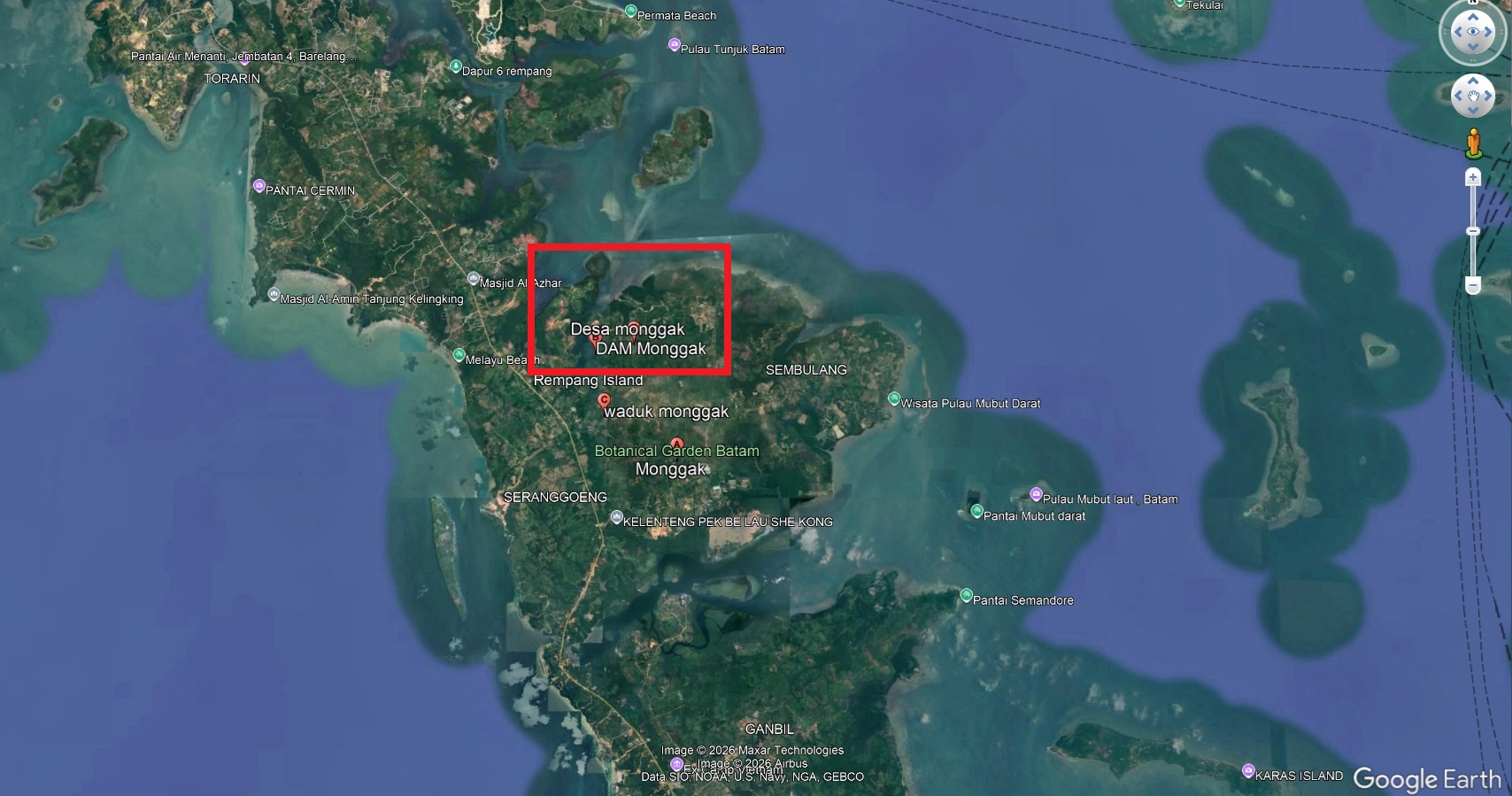 Peta Pantai Monggak, Rempang, tempat diduga pelabuhan muat barang rokok ilegal. 
